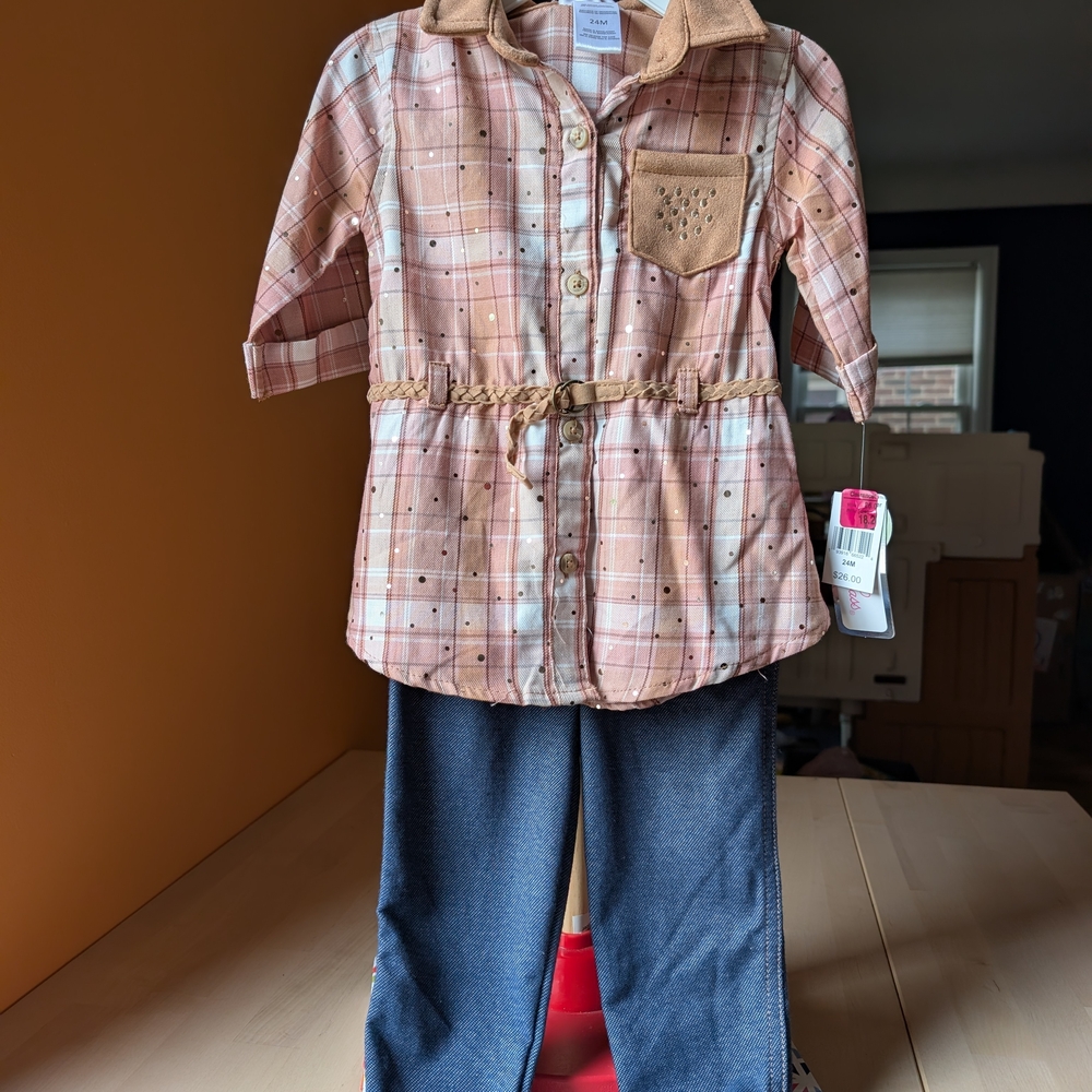 Little Lass Pink Plaid Top and Blue Pants Set